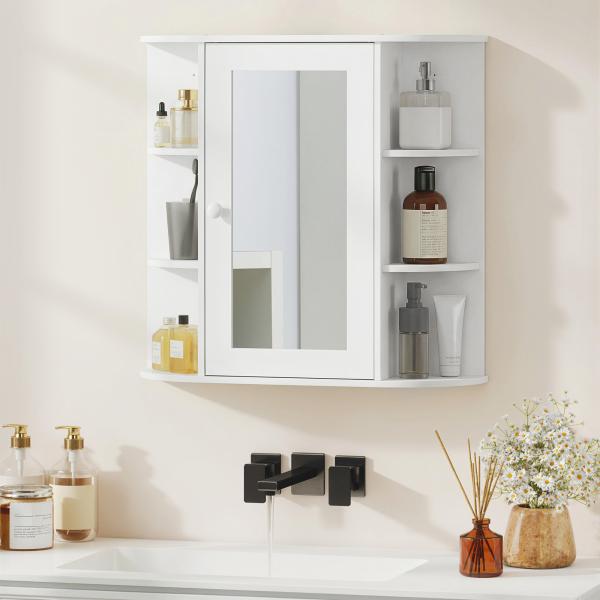 Armário de Casa de Banho com Espelho, Armário de Parede com Porta, Prateleiras Abertas, Móvel Suspenso para Cozinha, Sala, 66x17x63 cm, Branco
