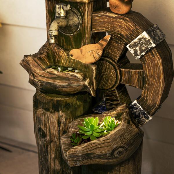 Fonte de Jardim 2 em 1 com Casa para Pássaros Fonte de Água com Luzes LED Bomba Fonte Decorativa com Troncos de Árvore Multicor