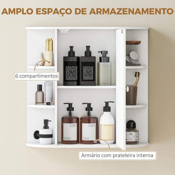 Armário de Casa de Banho com Espelho, Armário de Parede com Porta, Prateleiras Abertas, Móvel Suspenso para Cozinha, Sala, 66x17x63 cm, Branco