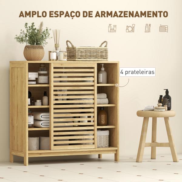 Armário de Casa de Banho em Bambu com 2 Portas de Correr Desenho com Ripas 4 Prateleiras Móvel Auxiliar de Arrumação 80x34x80 cm Madeira