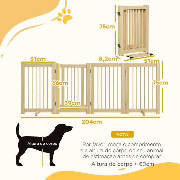 Barreira de Segurança para Cães em Madeira Dobrável para Escadas e Portas para Cães Pequenos e Médios de 4 Painéis 204x36x75 cm Madeira