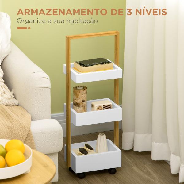 Carrinho de Casa de Banho de Bambu com Rodas e 3 Cestos de Armazenamento 28x18x75 cm Branco e Madeira