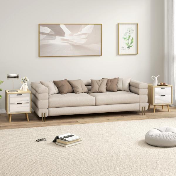 Conjunto de 2 Mesas de Cabeceira Modernas com 2 Gavetas de Deslizamento Silencioso Pés de Madeira 40x35x50 cm Branco Brilhante e Carvalho