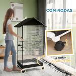 Gaiola para Pássaros Metálica com com Rodas Bandeja Amovível 4 Portas 2 Comedouros e 8 Poleiros 79x65x155 cm Preto