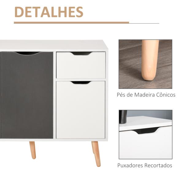 Aparador Móvel Auxiliar de Armazenamento com 2 Armários de Porta Gaveta Pés de Madeira 90x30x72 cm Cinza e Branco