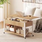Mesa de Centro Elevatória com Rodas Compartimento Oculto e Prateleiras Abertas 105x50x67 cm Madeira e Branco