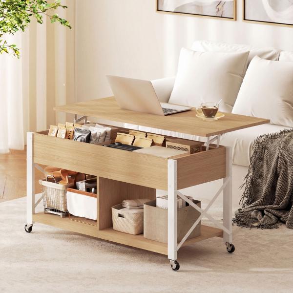 Mesa de Centro Elevatória com Rodas Compartimento Oculto e Prateleiras Abertas 105x50x67 cm Madeira e Branco