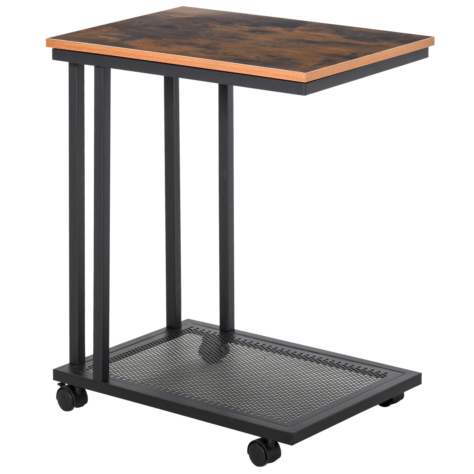 Mesa Lateral mesa Auxiliar com Rodas para Sofá Sala de Estar Dormitório Estilo Industrial Retrô Metal e Madeira 51x36x65cm Madeira e Preto
