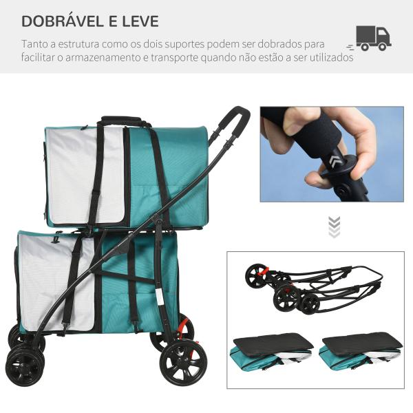 Carrinho Duplo para Cães Gatos Dobrável com 2 Transportadoras Portáteis Cinto de Segurança 66x50x98 cm Turquesa e Cinza