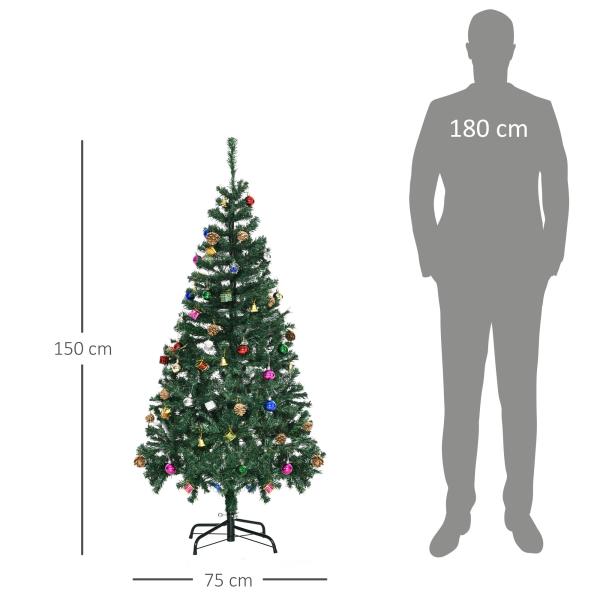 Árvore de Natal Artificial 150cm Ignífugo com 420 Ramos 48 Decorações Folhas de PVC e Suporte Metálico Verde