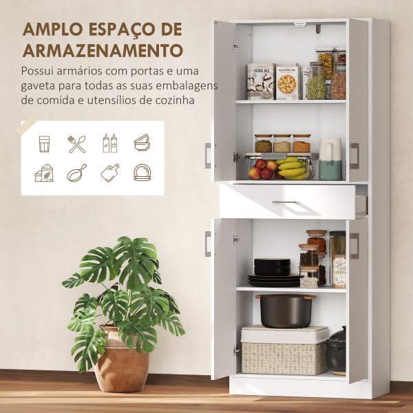 Armário de Cozinha com 4 Portas 1 Gaveta e Prateleiras Ajustáveis Anti - Tombo Armário de Cozinha Moderno 70,8x34x180 cm Branco
