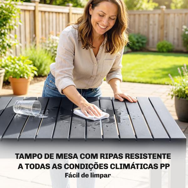 Conjunto de Mesa e Cadeiras de Jardim com Mesa de Ripas e 4 Cadeiras Empilháveis para Terraço ou Pátio Cinzento