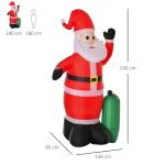 Pai Natal Insuflável com Saco de Presentes 3 Luzes LED IP44 e Inflador Elétrico Decoração de Natal para Interiores e Exteriores 148x85x240cm Vermelho e Verde