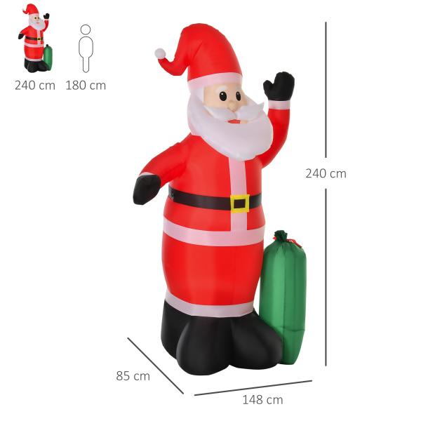 Pai Natal Insuflável com Saco de Presentes 3 Luzes LED IP44 e Inflador Elétrico Decoração de Natal para Interiores e Exteriores 148x85x240cm Vermelho e Verde