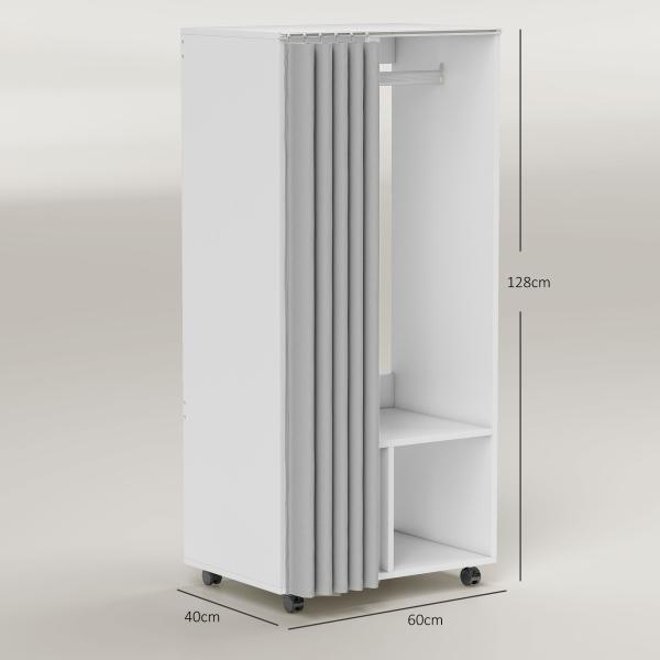 Roupeiro com Rodas, Cortina, Barra de Pendurar e 2 Compartimentos para Quarto 60x40x128 cm Branco