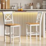 Conjunto de 2 Bancos de Bar de Madeira com Encosto e Apoio para os Pés Estilo Rústico para Cozinha 41x46x97.5 cm Natural