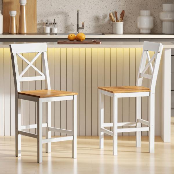 Conjunto de 2 Bancos de Bar de Madeira com Encosto e Apoio para os Pés Estilo Rústico para Cozinha 41x46x97.5 cm Natural