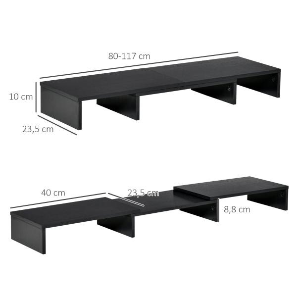 Suporte Elevado para Monitores de Madeira Ajustável em Comprimento e Ângulo para 2 Monitores Notebook 80 - 117x23,5x10cm Preto