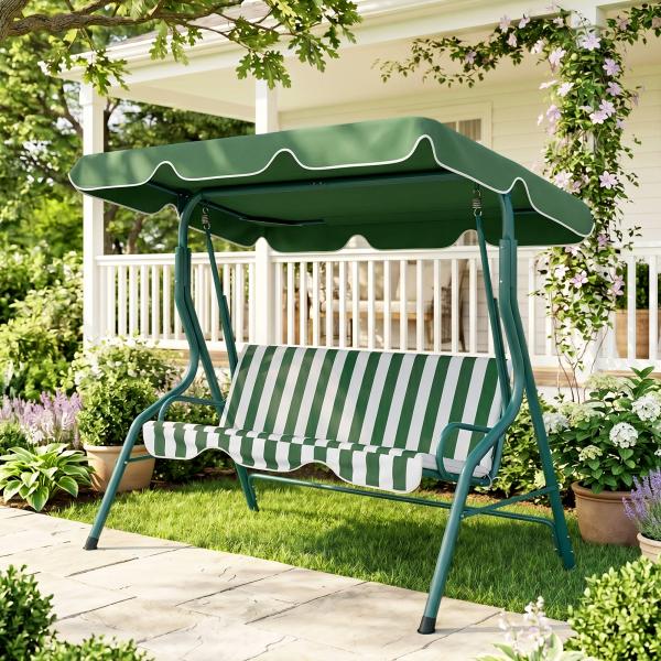 Baloiço de Jardim de 2 - 3 Lugares com Almofada Toldo Ajustável Terraço Patio Capacidade 240kg 170x110x153cm Verde e Branco