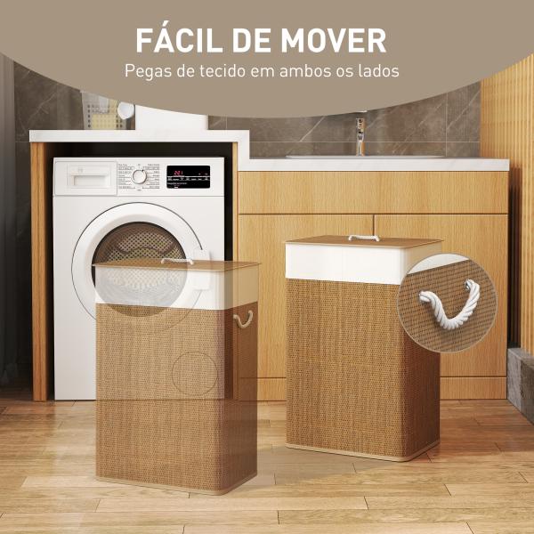 Cesto de Roupa com Tampa 72L Cesto de Roupa de Bambu com Bolsa Interior Removível e Alças 40x30x60 cm Madeira e Creme