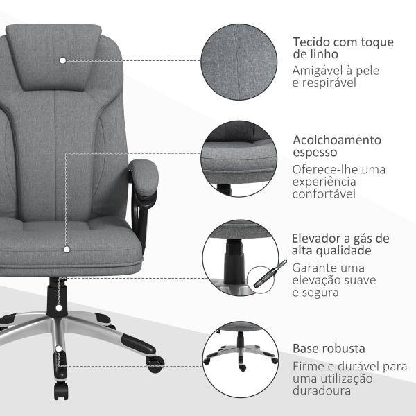 Cadeira de Escritório Giratória com Altura Ajustável Apoio para os Braços e Encosto Acolchoado de Linho Sintético 66x75x110 - 120 cm Cinza