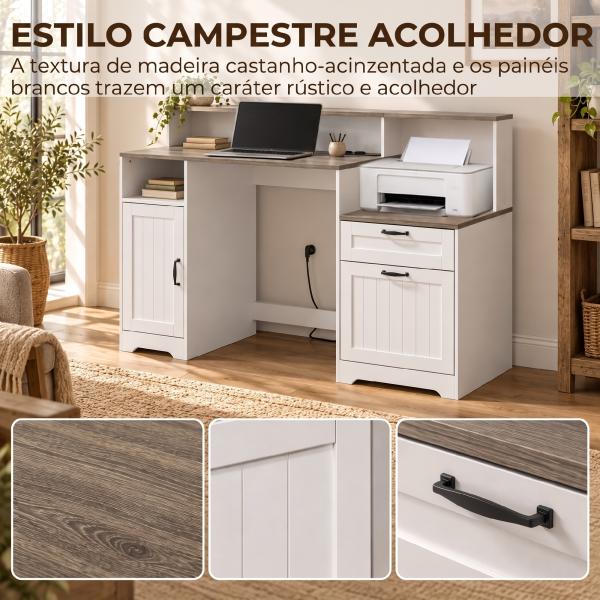 Secretária com Estação de Carregamento Gavetas e Prateleiras com Tomadas Castanho Acinzentado e Branco