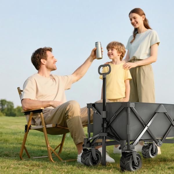 Carrinho de Transporte Dobrável com Rodas Giratórias 360° e Guiador Ajustável 59 - 89 cm para Campismo Praia 108x55x61 - 91 cm Cinza Escuro