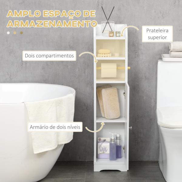 Armário Casa de Banho Armário Auxiliar com Prateleira Ajustável e Suporte para Papel Higiênico 23x18x100 cm Branco