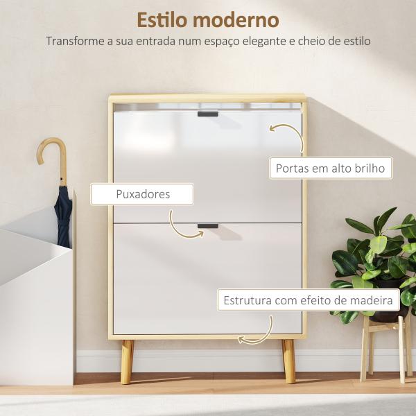 Sapateira Estreita com 2 Portas em Branco Brilhante e Estantes Ajustáveis Pés de Madeira para 12 Pares de Sapatos 60x24x91 cm