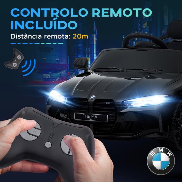 Carro Elétrico para Crianças BMW M4 12V com Controlo Remoto Faróis Buzina Música e Velocidade 3 - 5 km/h 108x69,5x51 cm Preto