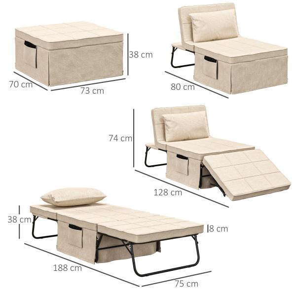 Sofá Cama 4 em 1 Estofado em Linho com Encosto Ajustável em 5 Níveis e Almofada Acolchoada 75x80x74 cm Creme