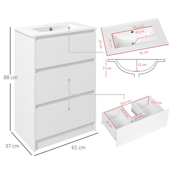 Móvel de Casa de Banho com Lavatório Armário Casa de Banho de Cerâmica Sintética com 2 Gavetas 61x37x88 cm Branco Brilhante