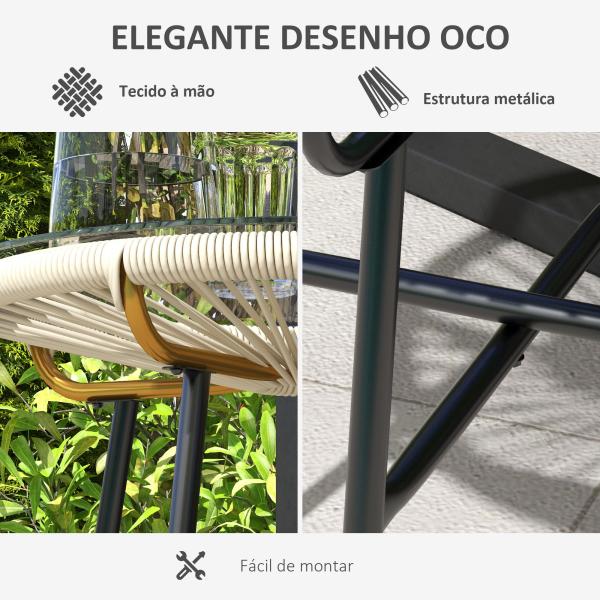 Mesa Auxiliar de Vime Sintético para Exteriores com Bancada de Vidro Temperado e Pés de Metal Ø50x50 cm Creme e e Preto