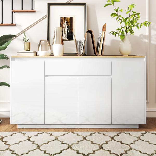 Aparador de Sala de Estar com 4 Portas Gaveta e Prateleiras Ajustáveis 140x40x75 cm Madeira e Branco Brilhante
