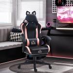 Cadeira Gaming com Orelhas Cadeira Gamer Reclinável com Altura Ajustável e Suporte Lombar 65x62x116 - 124 cm Preto e Rosa