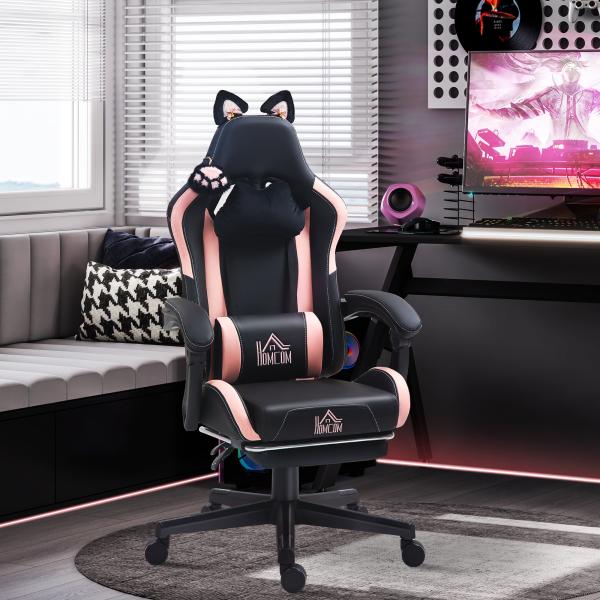 Cadeira Gaming com Orelhas Cadeira Gamer Reclinável com Altura Ajustável e Suporte Lombar 65x62x116 - 124 cm Preto e Rosa