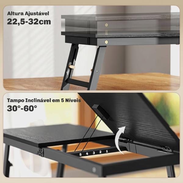 Mesa Reclinável para Cama e Sofá, Tabuleiro Dobrável com Gaveta Lateral para Computador Portátil e Livros, Cinco Alturas, Preto