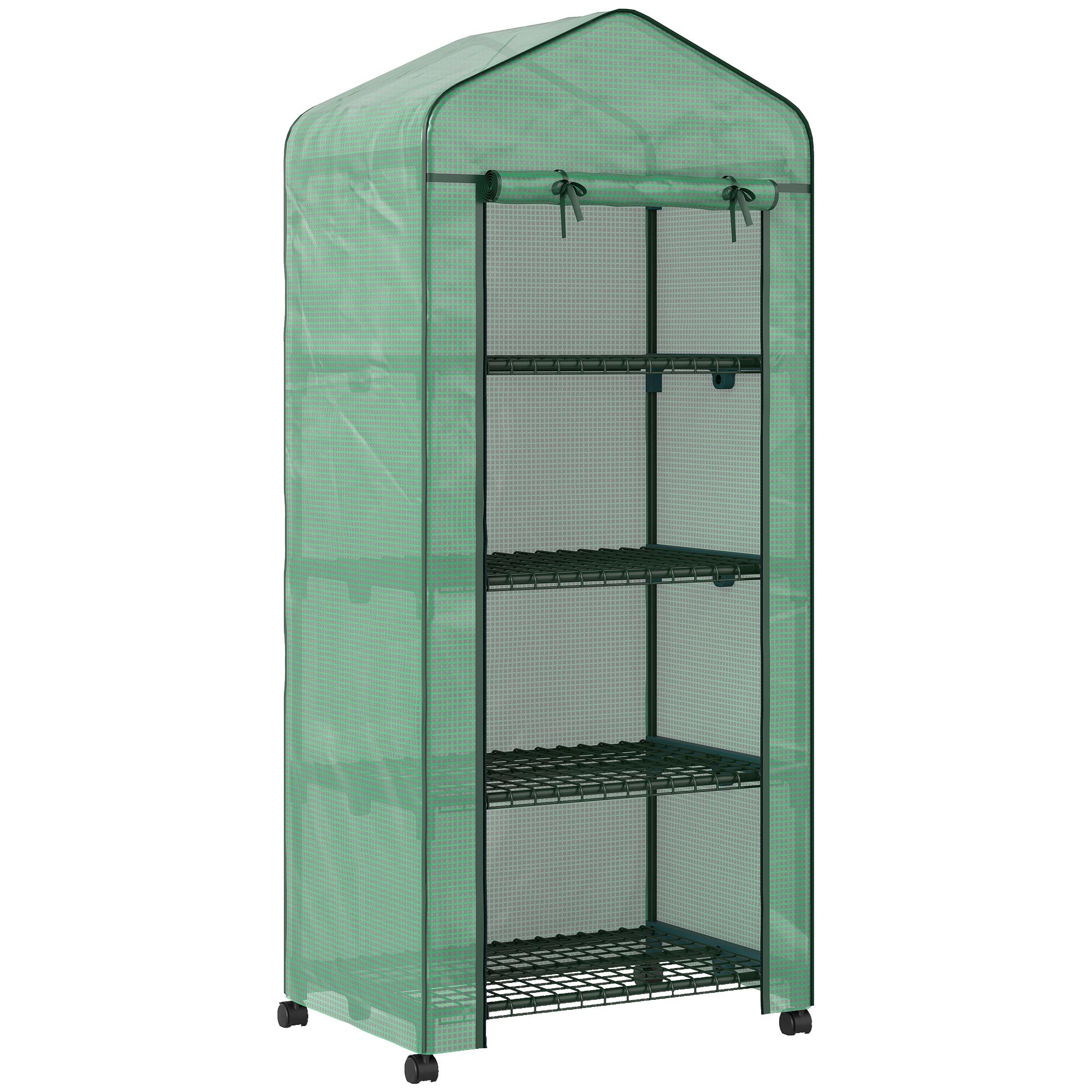 Estufa de Exterior com 4 Prateleiras e Rodas Porta Enrolável Estrutura em Aço e Cobertura de PE 140g/㎡ Anti - UV 69x50x165 cm Verde