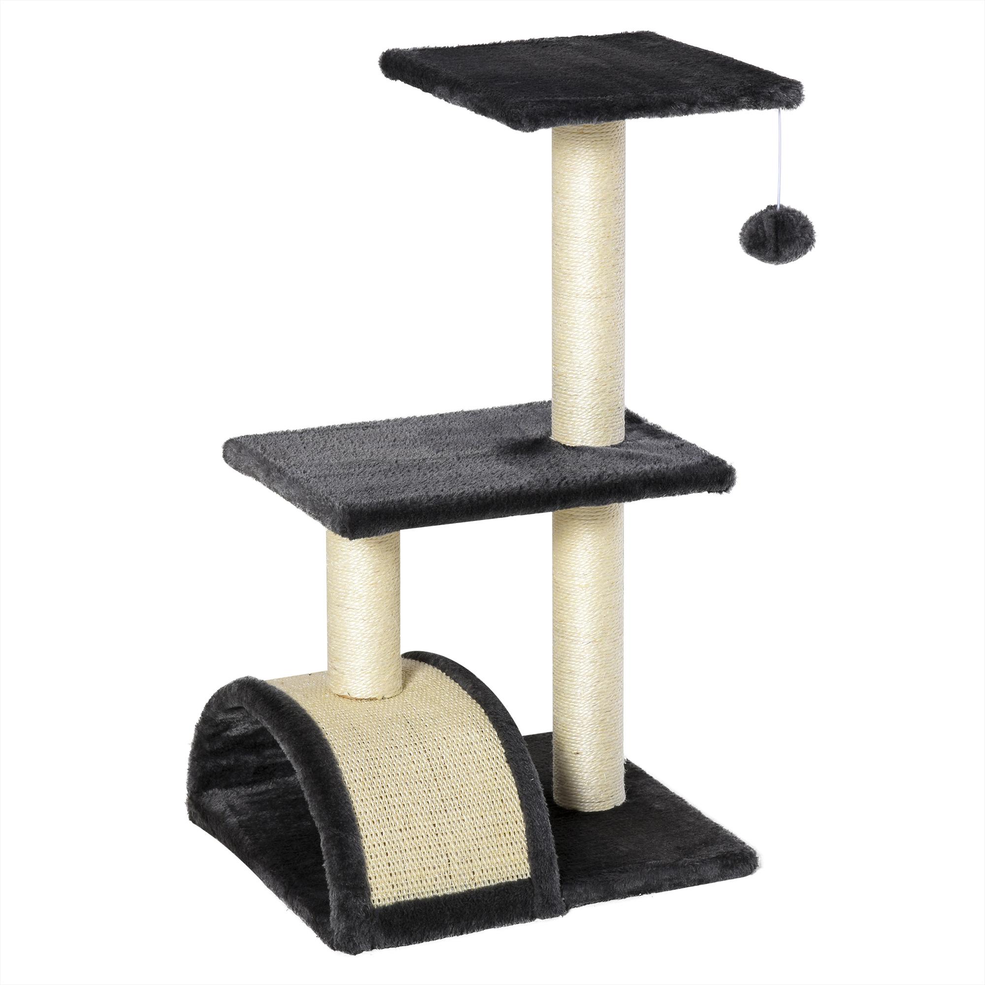 Arranhador para Gatos Médio de 3 Níveis com Postes de Sisal Placa para Arranhar e Bola Suspensa 40x35x72 cm Cinzento Escuro