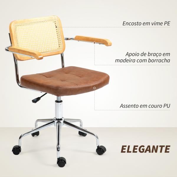 Cadeira de Escritório Giratória com Altura Ajustável Função Basculante e Encosto de Vime Sintético 60x55,5x82 - 90 cm Marrom