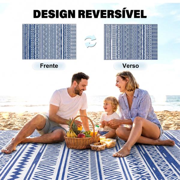 Tapete de Exterior 182x274 cm Tapete Reversível Estilo Moderno para Varanda Pátio Campismo Praia Azul Escuro e Branco