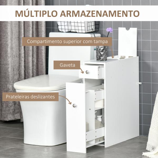 Armário Auxiliar de Casa de Banho Estreito com 2 Gavetas e Compartimento Superior com Tampa 17x48x58cm Branco