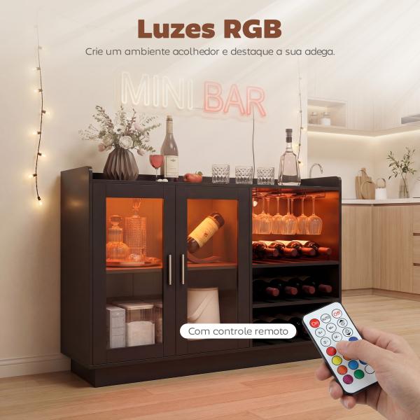 Móvel de Bar com Luzes LED RGB e Porta - Garrafas para 12 Garrafas Armário Buffet para Vinhos para Sala de Jantar Sala de Estar Preto