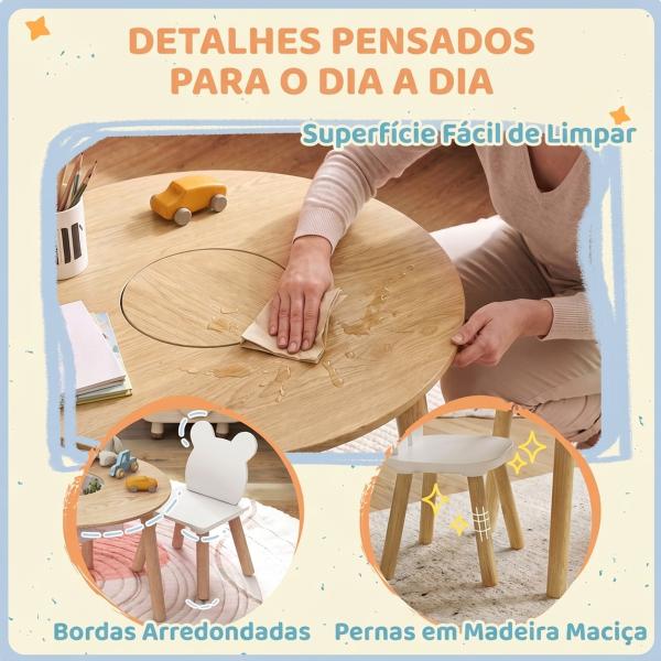 Mesa Infantil com 2 Cadeiras com Espaço de Arrumação para Crianças de 3 - 6 Anos para Sala de Jogos Dormitório Madeira e Branco