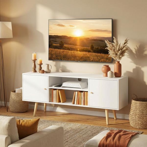 Móvel de TV para Televisores de até 55 Polegadas com 2 Portas 2 Prateleiras de Armazenamento 120x34x50cm Branco