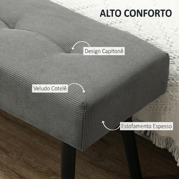Banco de Pé de Cama Estofado em Bombazina com Assento Acolchoado, Design Capitoné e Pés de Aço para Quarto, Cinzento