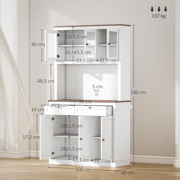 Armário de Cozinha com 3 Portas de Vidro Compartimento Aberto 2 Gavetas e Prateleiras Ajustáveis 100x40x180 cm Branco