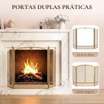 Guarda - Fagulhas para Lareira Dobrável de 3 Painéis em Metal com Porta Dupla para Casa 122x75 cm Dourado