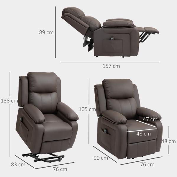 Poltrona Relax Levanta Pessoas com Controle Remoto Reclinação Elétrica de 160° Apoio para os Pés 76x90x105 cm Castanho Escuro