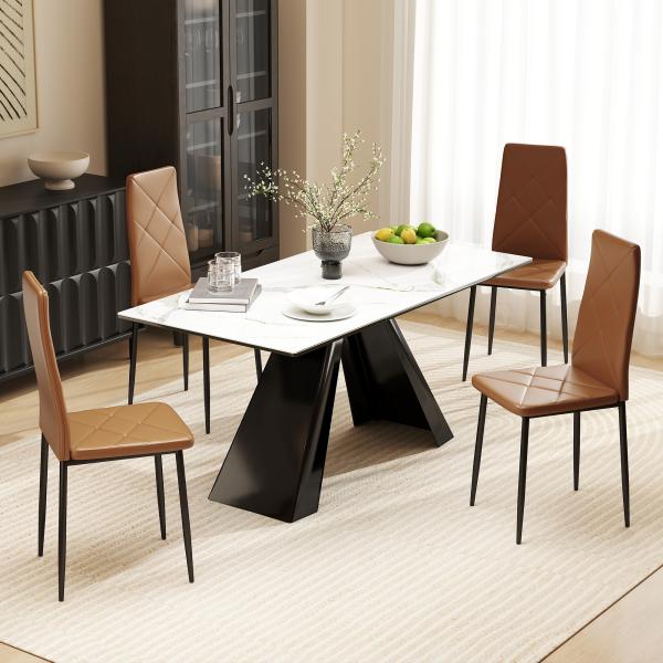 Conjunto de 4 Cadeiras de Jantar Estofadas em Couro Sintético com Encosto Alto e Pernas de Aço 41x50x97 cm Castanho